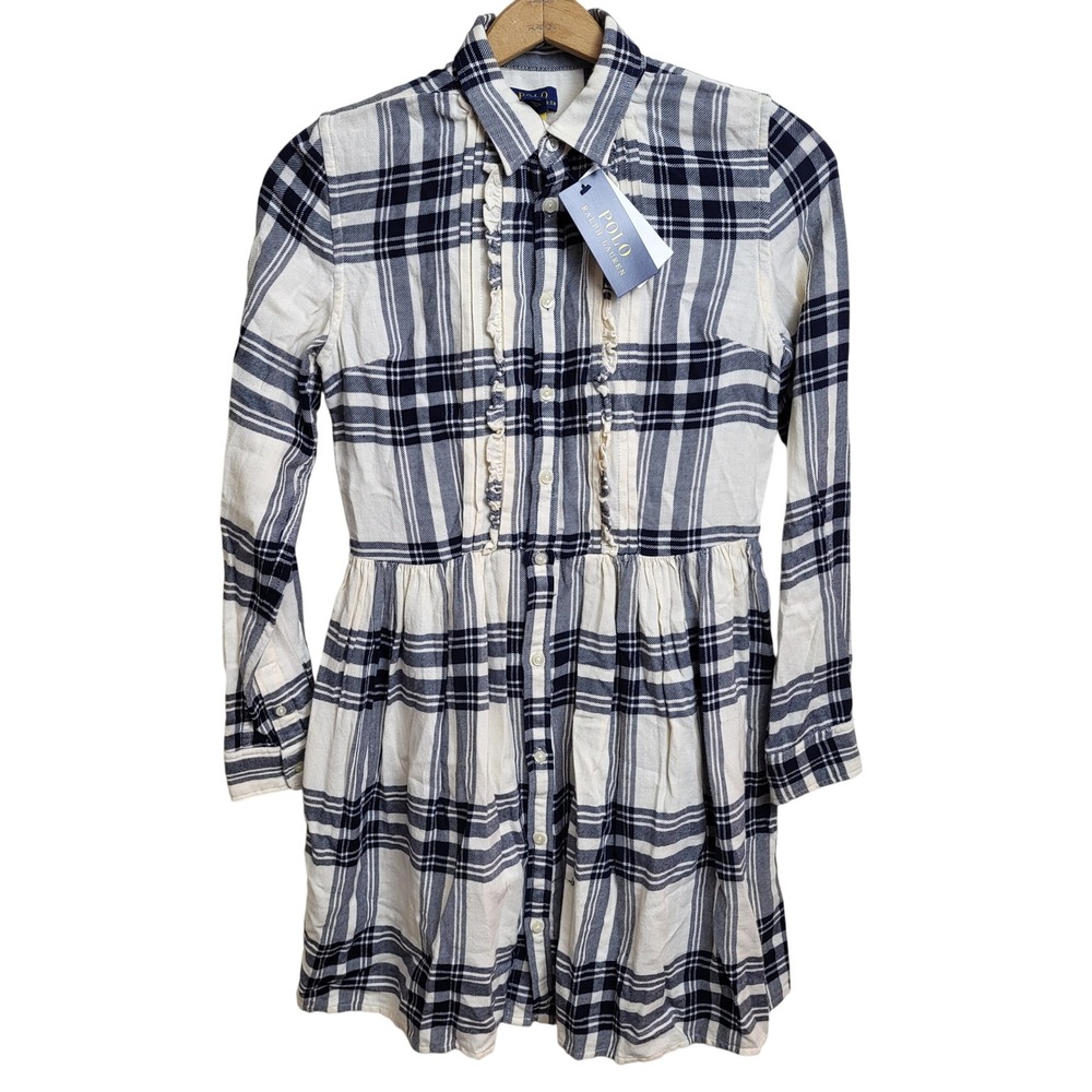 Polo Ralph Lauren Kids Size 16 Plaid Button Down Shirt‎ DressNavy Cream NWT